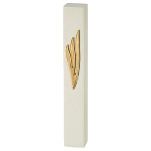 White Concrete-like Mezuzah Case with a Golden Flame-shaped Shin - Suitable for any Scroll up to 12 cm