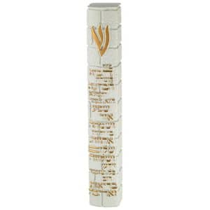 Mezuzah Case Imitation Concrete 'Kotel Stones' in White Shade with Golden Shin and Home Blessing - Fits Any Scroll up to 15 cm