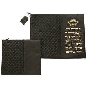 Tallit and Tefillin Bag Faux Black Leather with Diamond and Raised Gold Letters Texture