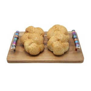 Tray for Shabbat Challot Made of Natural Wood with Colorful Metal Handles