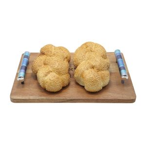 Tray for Shabbat Challah Made of Natural Wood with Metal Handles in Blue Shades