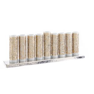 Menorah made of silver metal tubes wrapped with copper-colored pomegranate metal cutouts