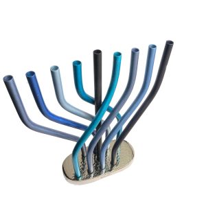 Menorah from interlocking reeds in blue tones on a speckled base