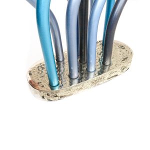 Menorah from interlocking reeds in blue tones on a speckled base