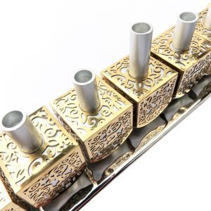 Unique Menorah of Dreidels Decorated with Gold Cutout Patterns