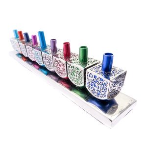 Unique Hanukkah Menorah of Colorful Dreidels Decorated with Ornamental Carvings