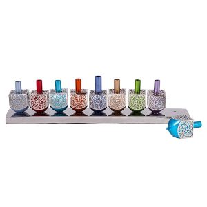 Unique Hanukkah Menorah of Colorful Dreidels Decorated with Ornamental Carvings