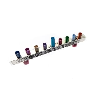 Menorah from embossed aluminum strip with nickel coating and colorful tubes