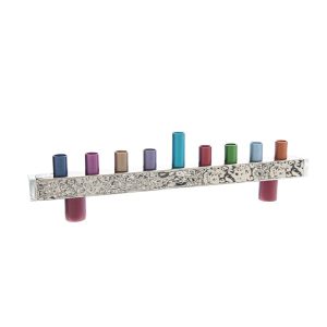 Menorah from embossed aluminum strip with nickel coating and colorful tubes