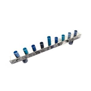Menorah made of hammered aluminum bar with nickel coating and blue-toned reeds