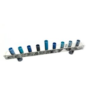 Menorah made of hammered aluminum bar with nickel coating and blue-toned reeds