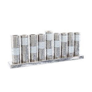 Chanukiah made of hammered aluminum tubes with silver rings