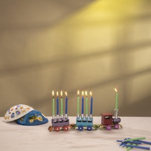 Menorah in the Shape of a Colorful Train
