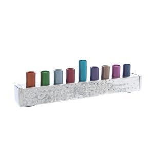 Small Menorah made of a hammered metal strip with colorful reeds