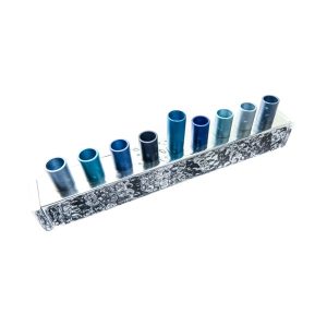 Small Menorah made of Hammered Metal Strip with Blue Canes