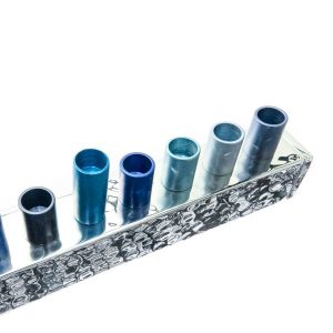 Small Menorah made of Hammered Metal Strip with Blue Canes