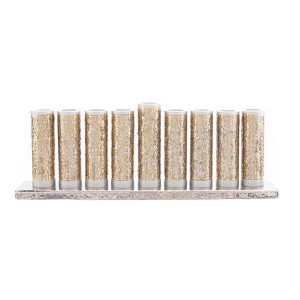 Menorah made of silver metal tubes wrapped with copper-colored pomegranate metal cutouts