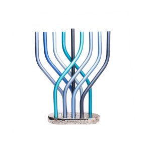 Menorah from interlocking reeds in blue tones on a speckled base