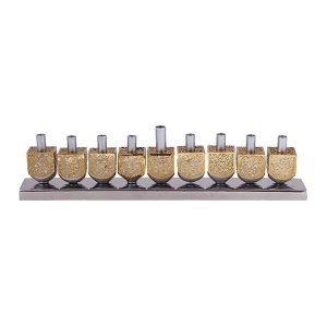 Unique Menorah of Dreidels Decorated with Gold Cutout Patterns