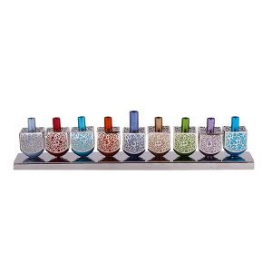 Unique Hanukkah Menorah of Colorful Dreidels Decorated with Ornamental Carvings