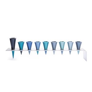 Silver Metal Strip Menorah Combined with Blue Hue Cones