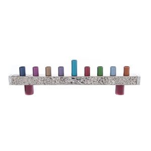 Menorah from embossed aluminum strip with nickel coating and colorful tubes