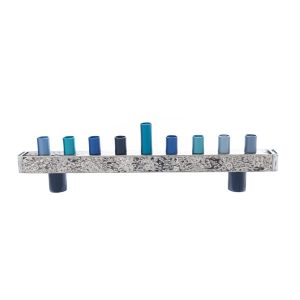 Menorah made of hammered aluminum bar with nickel coating and blue-toned reeds