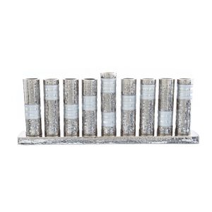 Chanukiah made of hammered aluminum tubes with silver rings