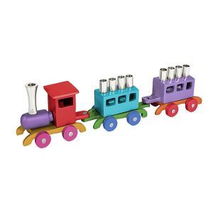 Menorah in the Shape of a Colorful Train