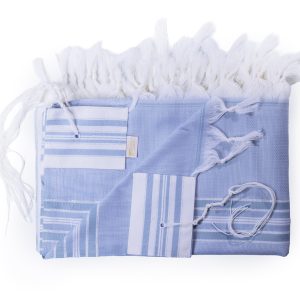 Elegant Tallit made of wool in light blue color with stripes in shades of light blue, white, and silver