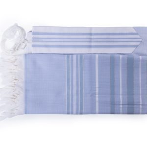 Elegant Tallit made of wool in light blue color with stripes in shades of light blue, white, and silver