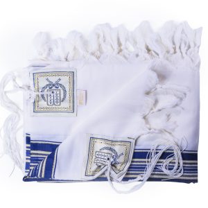 Elegant Wool Tallit with Blue and Gold Stripes