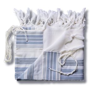 Elegant Wool Tallit with Light Blue and Gray Stripes