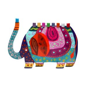Menorah in laser-cut colorful and playful elephant shape