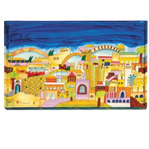 Rectangular Shabbat Challah Tray Made of Painted Wood Handcrafted - Jerusalem Model