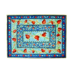 Rectangular Wooden Shabbat Challah Tray Hand-Painted - Pomegranate Design