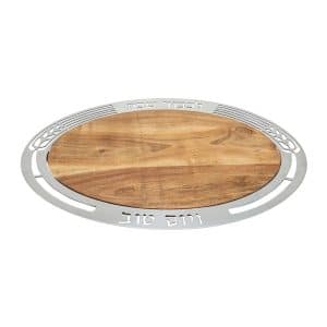 Rectangular Challah Tray for Shabbat made of Wood with Stainless Steel Frame Decorated with Wheat