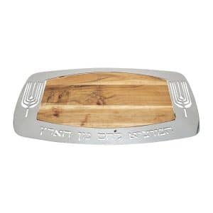 Rectangular wooden Shabbat Challah tray with stainless steel frame decorated with wheat design