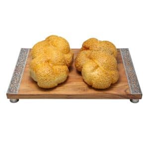 Rectangular Shabbat Challah Tray Made of Decorated Wood with Silver Pomegranate Cutout
