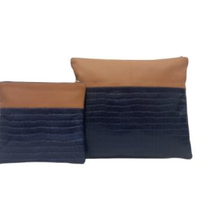 Genuine Leather Tallit and Tefillin Bag with Blue Textured and Camel Suede Combination