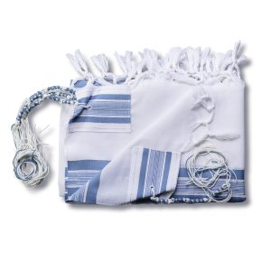 Elegant Wool Tallit with Light Blue Stripes and Light Blue Threaded Tzitzit