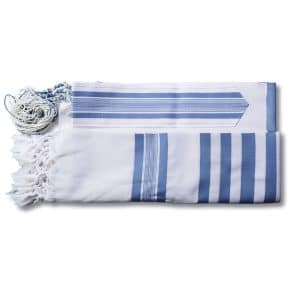 Elegant Wool Tallit with Light Blue Stripes and Light Blue Threaded Tzitzit