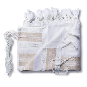 Elegant Wool Tallit with Shiny Beige and Gold Stripes