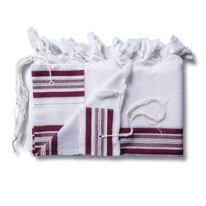 Elegant Wool Tallit with Stripes in Burgundy Shades and Shiny Silver Stripes