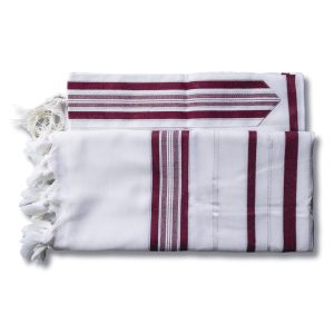 Elegant Wool Tallit with Stripes in Burgundy Shades and Shiny Silver Stripes