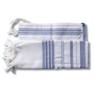 Elegant Wool Tallit with Stripes in Sky Blue and Silver Shades