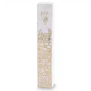 Jerusalem Panorama Mezuzah Case (8") – Stone-Cast Polymer with Golden Highlights