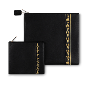 Designed Black Faux Leather Tallit and Tefillin Bag with an Ethnic Gold Decorative Stripe