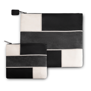 Designed Faux Leather Tallit and Tefillin Bag with a Geometric Design - Black, Gray and White