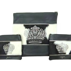 Luxury Tallit and Tefillin Bag Set - Black Leather Combined with Black-White Fur, Silver Stripes and Inlaid Silver Crown